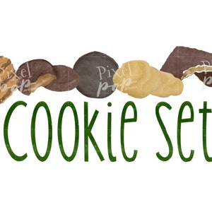 Könnte beinhalten: Eine Aquarell-Illustration einer Auswahl an Keksen, darunter Schokoladenkekse, Erdnussbutterkekse und Butterkekse. Die Kekse sind in einer Reihe angeordnet und der Text "Cookie Set" ist darunter in Grün geschrieben.