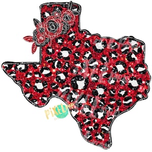 State of Texas GLITTER Black Red Leopard Flowers Hand Drawn PNG | Sublimation Design | Heat Transfer | Digital Print | Printable | Clip Art