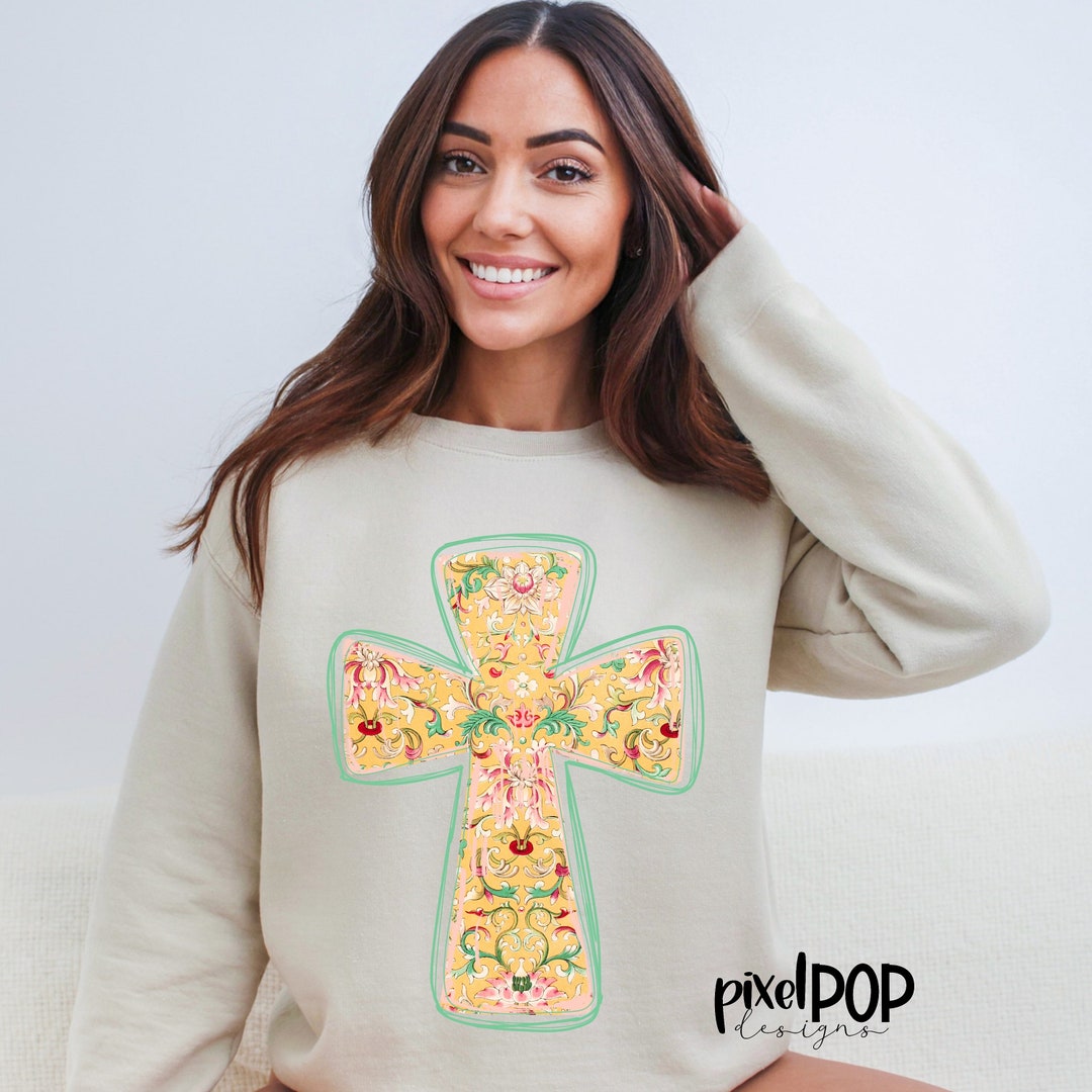 Vintage Yellow Cross Easter PNG Design Painted Flowers Religious Cross