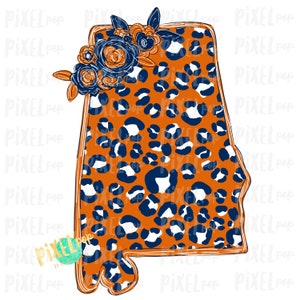 State of Alabama  Shape Blue and Orange Leopard Flowers PNG | Sublimation Design | Heat Transfer | Digital | Printable | Clip Art