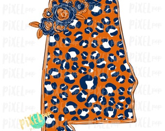 State of Alabama  Shape Blue and Orange Leopard Flowers PNG | Sublimation Design | Heat Transfer | Digital | Printable | Clip Art
