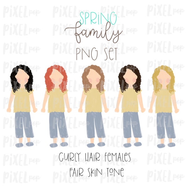 SPRING Curly Haired Females (Female E) Fair Skin Tones Stick People Figure Family Members PNG Sublimation (en anglais seulement) Art de la famille (anglais) Art imprimable