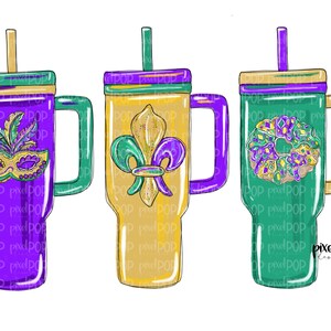 Copos de Mardi Gras Tumblers PNG | Arte de Nova Orleans | Design de Máscara de Bolo Rei de Flor de Lis de Mardi Gras | Download Digital