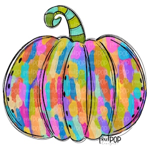 May include: A colorful pumpkin with a black outline and a green and blue stem. The pumpkin is covered in a pattern of colorful paint splatters and stripes.