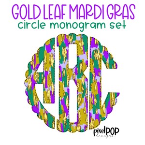 Feuille d'or Mardi Gras cercle monogramme PNG ensemble festonné cercle monogramme ensemble police monogramme numérique PNG | Lettre de sublimation de griffonnage