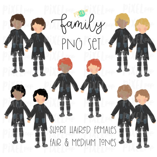 Short Hair Females (Female D) Fair and Medium Skin Stick People Figure Family Members PNG Sublimation (en anglais seulement) Ornement de famille (en anglais) Portrait de famille