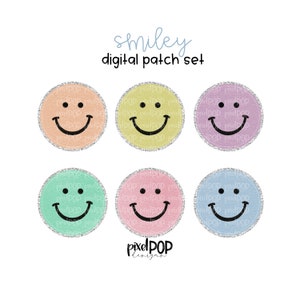 Vintage Patch Pastel Smiley Faces PNG serti avec support scintillant | Visage souriant en chenille | Patch numérique | Jeu de polices | Écusson universitaire Letterman