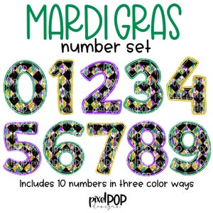 Ensemble de numéros de feuille d'or pour le Mardi Gras, ensemble de 10 numéros PNG dessinés à la main | Ensemble de nombres | Numéros de griffonnage par sublimation | Jeu de numéros d'impression et de presse