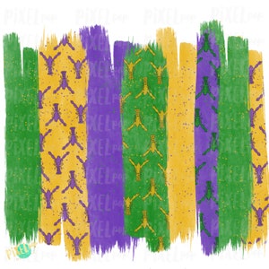 Puede incluir: Un paquete de papel digital con temática de Mardi Gras. El diseño presenta un patrón repetitivo de cangrejos de río en colores verde, morado y dorado. El fondo es un efecto de pincelada de estilo acuarela.