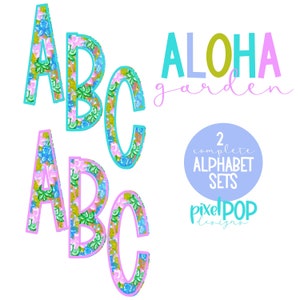 Conjunto de letras do alfabeto floral Aloha Garden | Fonte Alphapack | Aquarela | PNG | Letra Doodle de Sublimação | Conjunto de fontes | Letras de transferência