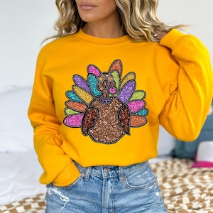 Turkije met zonnebril Thanksgiving herfst faux glitter appliqué PNG-ontwerp sublimatie DTF zeefdruk kunst faux pailletten sprankelende schittering