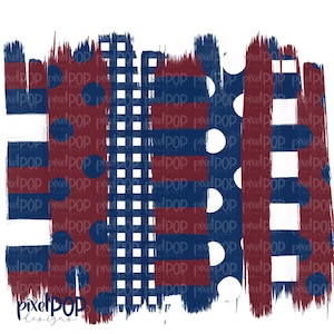 May include: A digital illustration of a red, white, and blue patterned design with a grunge effect. The design features stripes, polka dots, and gingham patterns.