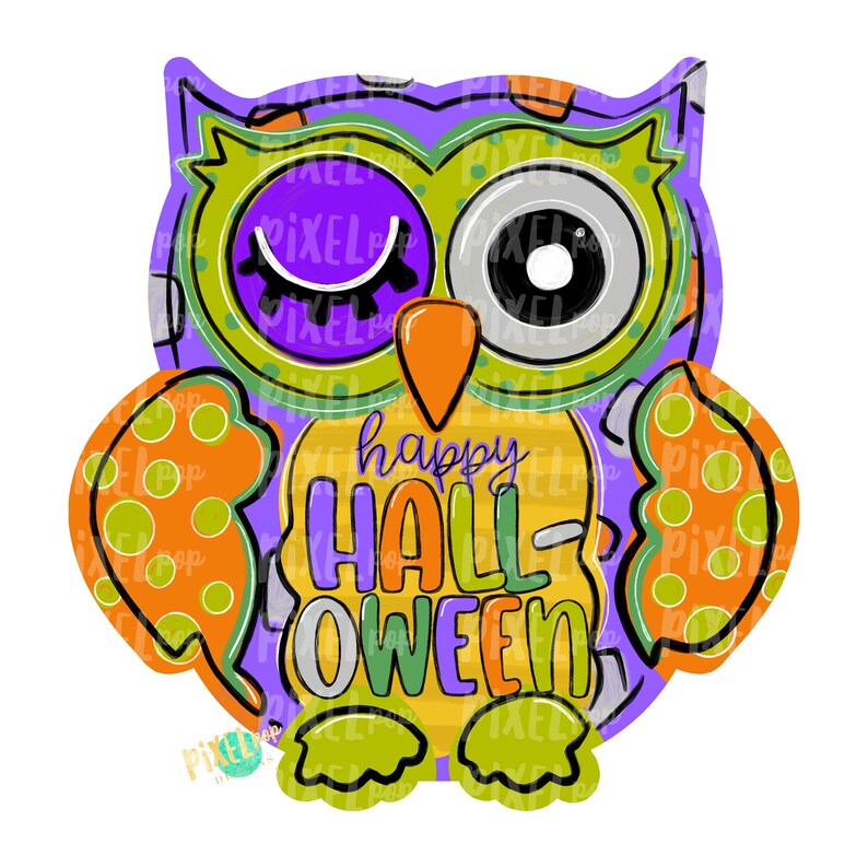 May include: Purple, green, and orange owl with polka dots and the text "happy HALLOWEEN" on its chest.