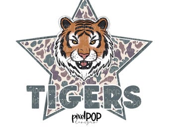 May include: A gray star with a camouflage pattern and a tiger face in the center. The word "TIGERS" is written in a distressed gray font below the star. The text "pixelPOP designs" is written in a smaller font below the word "TIGERS".