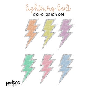 Ensemble PNG d'éclairs vintage patch pastel avec support scintillant | Écusson éclair en chenille | Patch numérique | Écusson universitaire Letterman