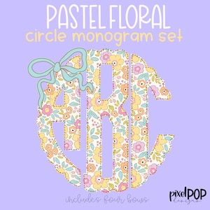 May include: A set of pastel floral monogram letters in a circle with a blue bow. The letters are A, R, and C. The text "includes four bows" is below the monogram.