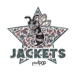 May include: A cartoon illustration of an angry-looking hornet with black and gray stripes, set against a camouflage star. The word "JACKETS" is displayed in gray block letters below the star, with the "pixelPOP designs" logo at the bottom.