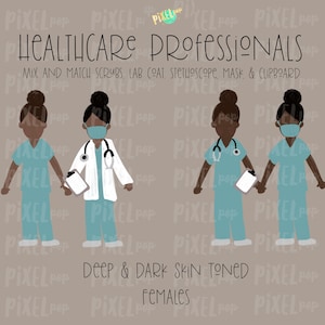Profesionales de la salud femeninas, tono de piel oscuro y profundo, figura de palo PNG / Personas de palo / Figura de palo / Retrato / Enfermera PNG / Doctor