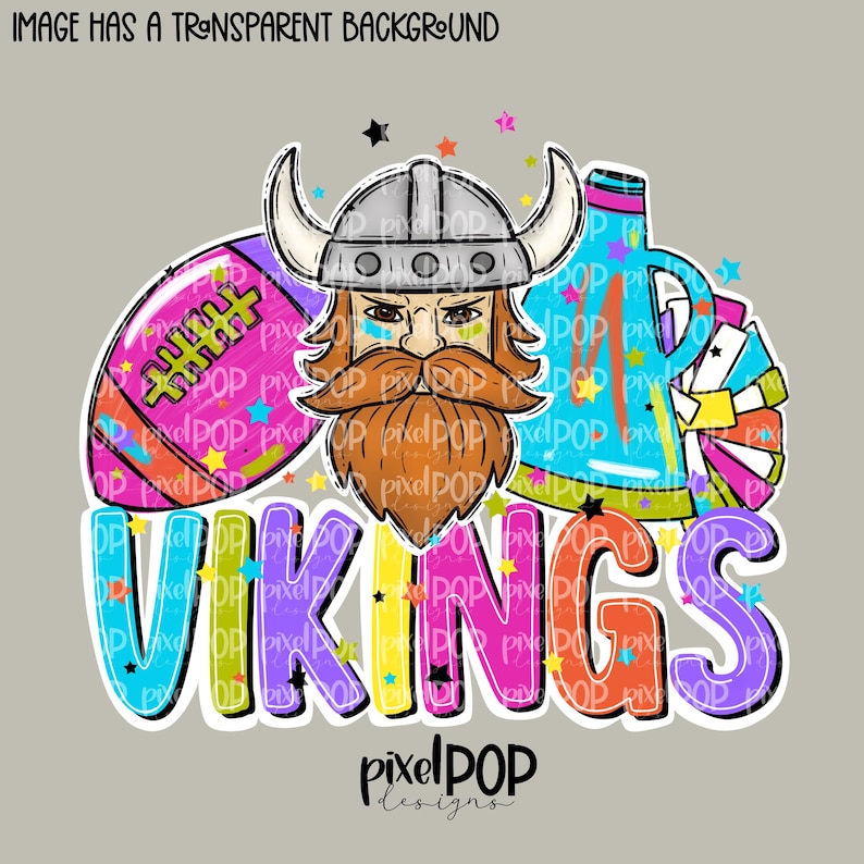 May include: A colorful graphic design featuring a Viking helmet, football, megaphone, and pom poms. The word "VIKINGS" is written in large, colorful letters.