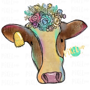 Cow with Flowers Heat Transfer Design PNG | Sublimation Design | Heat Transfer PNG | Digital Download | Printable Art | Clip Art