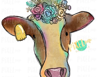 Cow with Flowers Heat Transfer Design PNG | Sublimation Design | Heat Transfer PNG | Digital Download | Printable Art | Clip Art