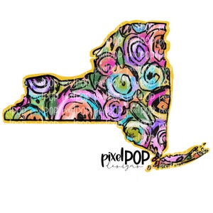 May include: A colorful abstract floral design in the shape of the state of New York. The design is outlined in gold and features a variety of colors, including pink, purple, green, and blue.