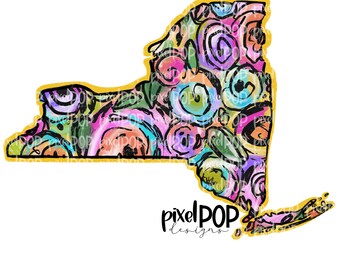 Estado de Nueva York, forma sobre lienzo acrílico floral, PNG digital / Nueva York, NY / Estado de origen / Transferencia de calor / Digital / Fondo floral