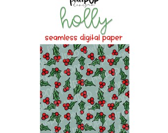 Holly Christmas Sage Seamless Digital Paper PNG | Christmas Paper | Hand Painted | Sublimation | Digital Download | Digital Scrapbooking