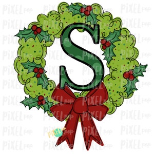 Whimsical Holly Wreath with S Monogram PNG | Christmas Sublimation | Hand Painted | Sublimation | Digital Download | Printable Artwork | Art