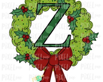 Whimsical Holly Wreath with Z Monogram PNG | Christmas Sublimation | Hand Painted | Sublimation | Digital Download | Printable Artwork | Art
