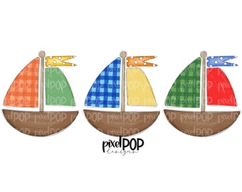 Gingham Sailboat Trio Boy PNG | Boat Digital Art | Summer Sublimation Design | Heat Transfer Art | Digital Download | Printable | Clipart