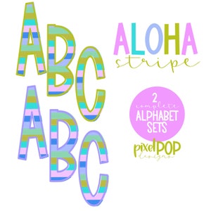 Conjunto de letras do alfabeto listrado Aloha Garden | Fonte Alphapack | Aquarela | PNG | Letra de rabisco de sublimação | Conjunto de fontes | Letras de transferência