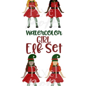 Set di quattro elfi di Natale ragazze PNG a sublimazione digitale / Design disegnato a mano / PNG a sublimazione / Download digitale / Opera d&#39;arte stampabile / Arte