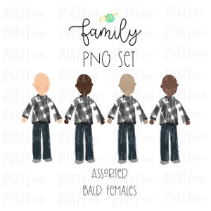Pode incluir: Quatro ilustrações digitais de pessoas carecas com diferentes tons de pele vestindo camisas xadrez pretas e brancas e calças jeans azuis. O texto "family PNG set" e "assorted bald females" está abaixo das ilustrações.