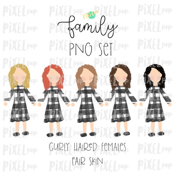 Curly Haired Females (Female E) with Fair Skin Tones Stick People Figure Family Members Set PNG Sublimation (en anglais seulement) Ornement de famille (en anglais) Portrait