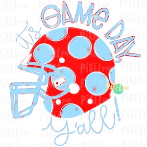 It&#39;s Game Day, Y&#39;all! Red and Light Blue Polka Dot Football Helmet Sublimation PNG | Digital Design | Digital Print | Printable | Clip Art