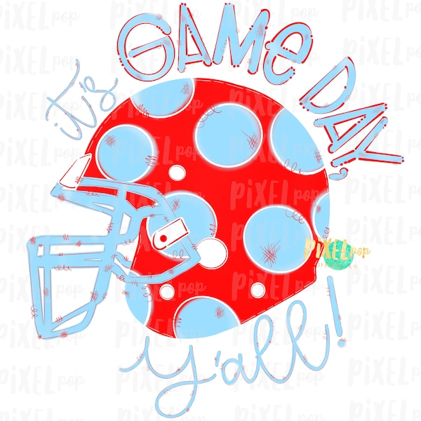 It's Game Day, Y'all! Red and Light Blue Polka Dot Football Helmet Sublimation PNG | Digital Design | Digital Print | Printable | Clip Art