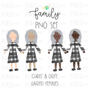 Figuras de personas de palitos con cabello gris y rizado (mujer E), varios tonos de piel, conjunto de miembros de la familia, sublimación PNG, adorno familiar, retrato