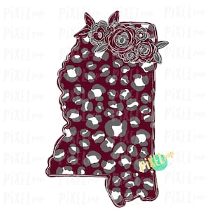 State of Mississippi Shape Maroon Leopard Flowers Hand Drawn PNG | Sublimation Design | Heat Transfer | Digital Print | Printable | Clip Art
