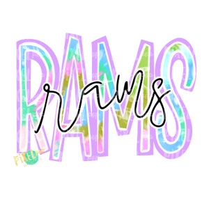 May include: A colorful tie-dye design with the word "RAMS" in a black script font. The letters are outlined in purple.