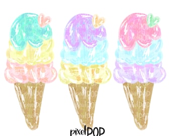 Ice Cream Cone Trio Pastel PNG | Ice Cream | Sublimation Design | Hand Painted Digital Art | Digital Download | Printable | Clip Art