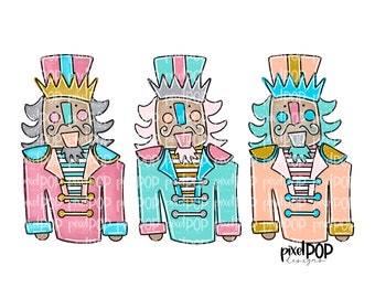 Op de afbeelding: Drie notenkraker-illustraties met verschillende gekleurde outfits. De notenkraker links draagt een roze en witte outfit, de middelste notenkraker draagt een blauwe en witte outfit en de notenkraker rechts draagt een oranje en witte outfit.