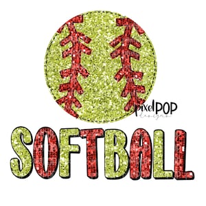 Op de afbeelding: Een softbalontwerp met een glinsterende geelgroene bal en rode stiksels. Het woord "SOFTBALL" staat eronder in een bijpassend glinsterend lettertype. Het ontwerp staat op een witte achtergrond.