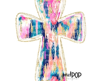 May include: A gold glitter cross with a colorful abstract design in shades of pink, blue, and yellow. The cross is outlined in gold glitter.