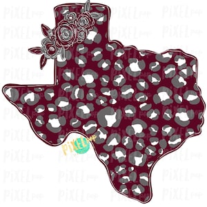 State of Texas Shape Maroon Leopard Flowers Hand Drawn PNG | Sublimation Design | Heat Transfer | Digital Print | Printable | Clip Art