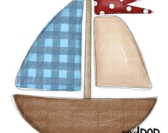 Blue Gingham Sailboat PNG | Boat Digital Art | Summer Sublimation Design | Heat Transfer PNG | Digital Download | Printable Art | Clip Art