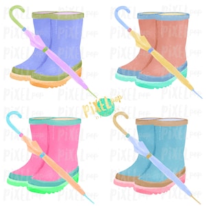 Set of Four Watercolor Rainboots with Umbrellas Sublimation Design | PNG | Sublimation PNG | Digital Download | Printable Art | Clip Art