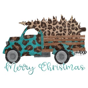 May include: A teal blue pickup truck with a leopard print design is carrying a brown and tan leopard print Christmas tree. The truck has a wooden bed and the text "Merry Christmas" is written in teal blue below the truck.