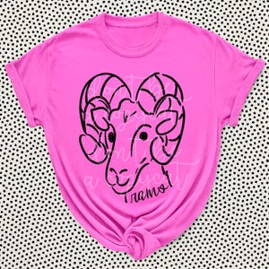 May include: A bright pink t-shirt featuring a black line drawing of a ram's head. The ram's horns are large and curved. The text "a copycat tramos" is written in cursive below the ram's head.