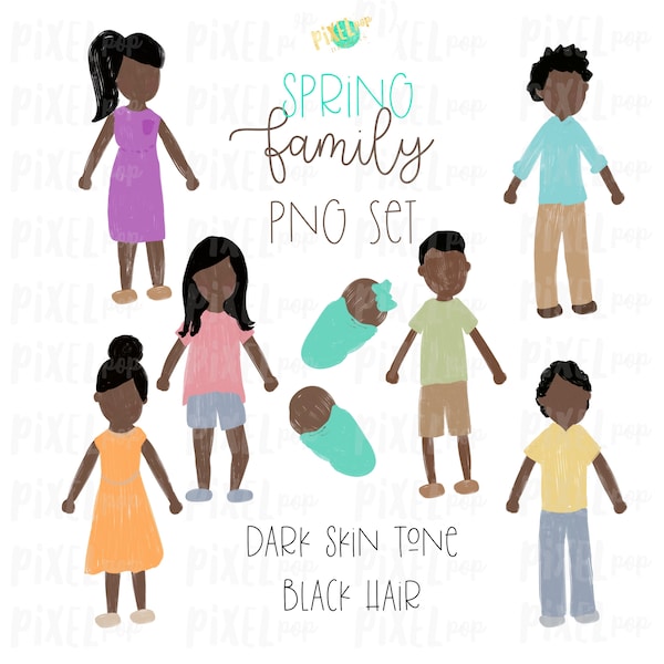 Dark Skin Black Hair Stick People Figure Membres de la famille PNG Sublimation (fr) Ornement de famille (en anglais) Images de portrait de famille (fr) Portrait numérique (Digital Portrait) Art